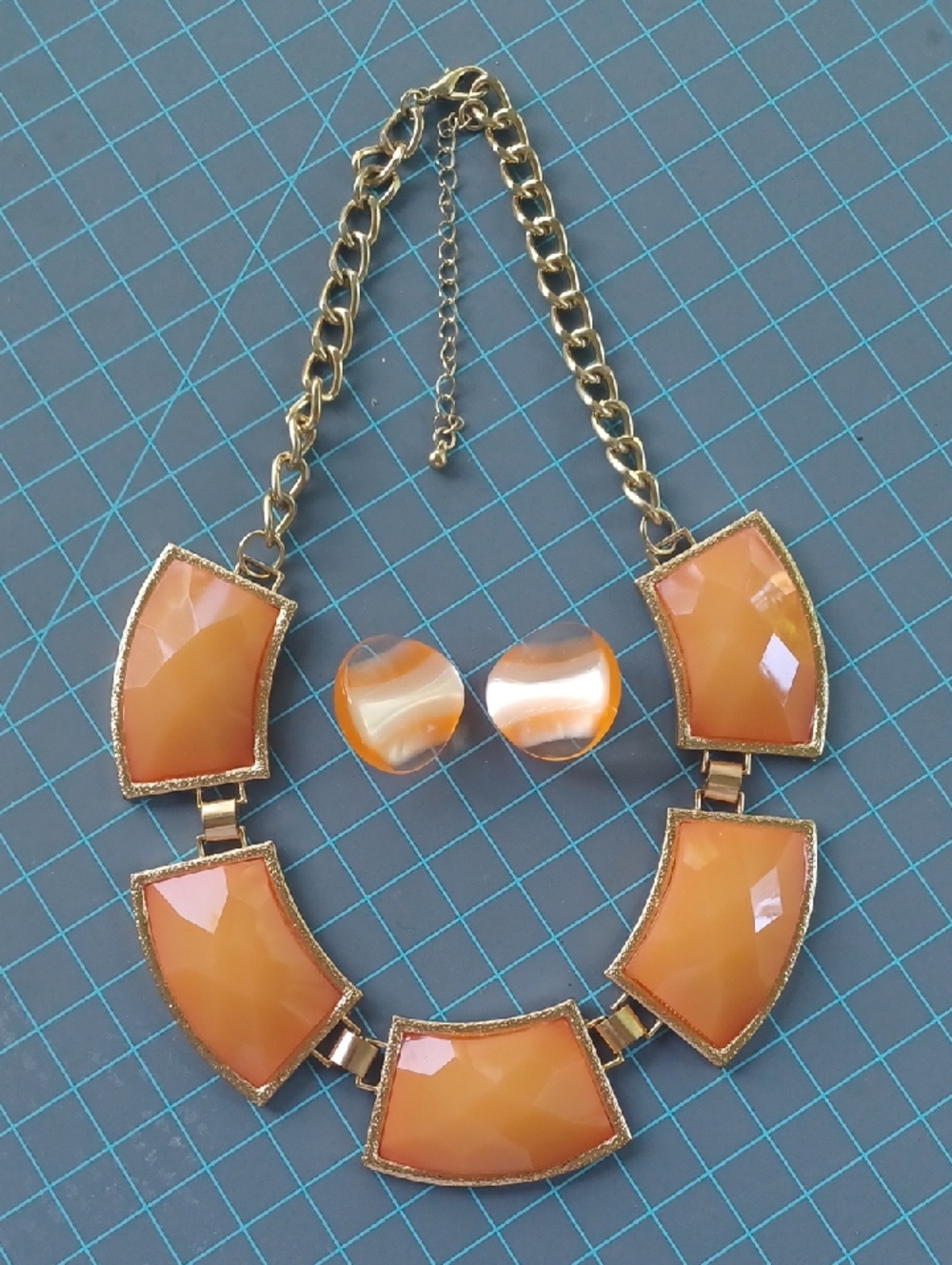Vintage Style Orange Bib Statement Necklace and Earrings Set - Fashion Jewelry